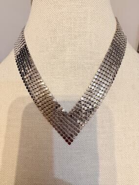 Vintage Silver Tone Mesh Bib Necklace 16” Statement